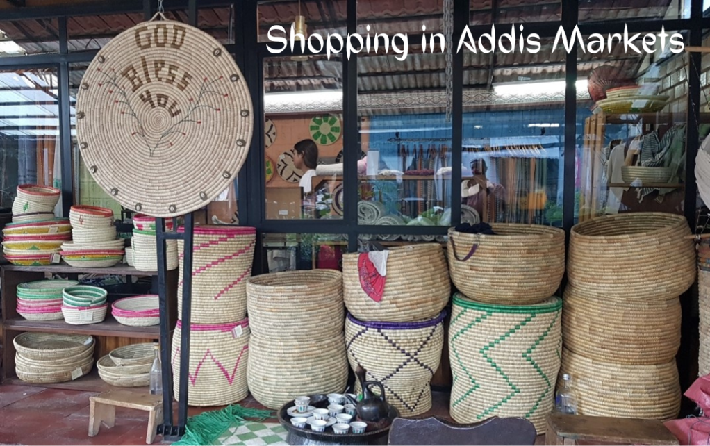 A store in Addis Ababa with a large variety of baskets displayed for sale.